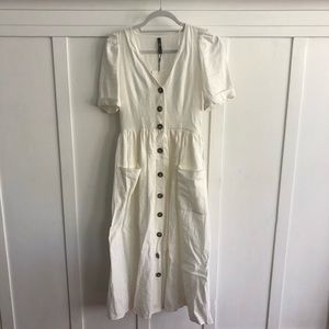 Zara Off-White Linen Pleated Button-Down Dress